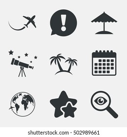 Travel trip icon. Airplane, world globe symbols.