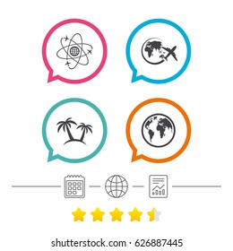 Travel trip icon. Airplane, world globe symbols. Palm tree sign. Travel round the world. Calendar, internet globe and report linear icons. Star vote ranking. Vector