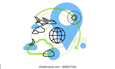 TRAVEL trip icons banner. Holiday planning, destination, tour organization concept. Thin line flat vector design of transport, plane, bicycle, ship, car, suitcase.