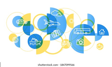 TRAVEL trip icons banner. Holiday planning, destination, tour organization concept. Thin line flat vector design of transport, plane, bicycle, ship, car, suitcase.