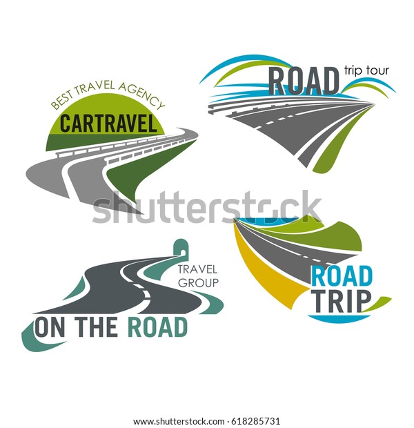 Travel trip\
icons set of roads for tour and tourist agency. Isolated symbols of\
highway and motorway tunnel for traveler adventure journey and car\
or bus travel service\
company