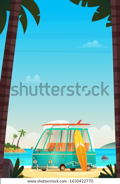 Travel, trip and journey vector\
illustration. Seascape with Surfing van, camper bus on wild\
beach.