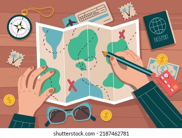 Travel trip map lay on wooden desk. Tourism vacation infographic top view banner concept. Vector graphic design element illustration