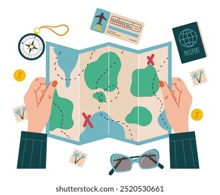 Mapa de viagem de viagem jazia na mesa. Turismo férias infográfico vista superior banner conceito. Ilustração de elemento de design gráfico vetorial