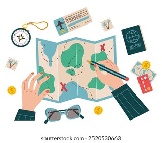 Mapa de viagem de viagem jazia na mesa. Turismo férias infográfico vista superior banner conceito. Ilustração de elemento de design gráfico vetorial