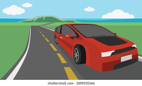 Travel trip of red sedan runs on asphalt roads from the sea to the fields. with mountain and sea beach under blue sky and white clouds for background.