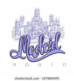 Travel. trip to Spain. City Of Madrid. Sketch. Cybele Palace and fountain at the Plaza Cibeles in Madrid, Spain.. Design concept for the tourism industry. Vector illustration.