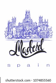 Travel. trip to Spain. City Of Madrid. Sketch. Cybele Palace and fountain at the Plaza Cibeles in Madrid, Spain.. Design concept for the tourism industry. Vector illustration.