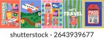 Travel, trip and summer vacation. Vector funny illustrations of suitcase, airplane, destination with labels, boarding pass, spf, camera, palm with sea for postage stamp, poster, background or card