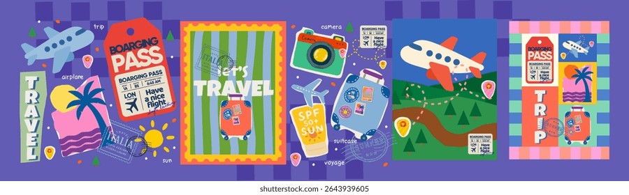 Travel, trip and summer vacation. Vector funny illustrations of suitcase, airplane, destination with labels, boarding pass, spf, camera, palm with sea for postage stamp, poster, banner or card