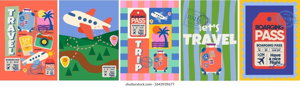 Travel, trip and summer vacation. Vector funny illustrations of suitcase, airplane, destination with labels, boarding pass, spf, camera, palm with sea for postage stamp, poster, background or card