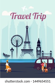 Travel Trip template or poster design with foreign country famous monument, illustration of tourist character and traveling bus on blue background.