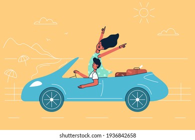 Travel, trip, vacations concept. Young happy couple cartoon characters sitting in car and driving along seaside in summer during traveling journey vector illustration