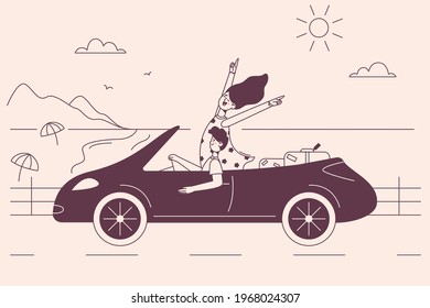 Travel, trip, vacations concept. Young happy couple cartoon characters sitting in car and driving along seaside in summer during traveling journey vector illustration