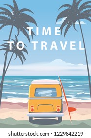 Travel, Trip Vector Illustration. Ocean, Sea, Seascape. Surfing Van, Camper, Bus On Beach. Summer Holidays. Ocean Background On Road Trip, Retro, Vintage. Tourism Concept, Cartoon Style, Isolated