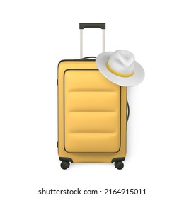 Travel trolley bag with summer mens hat. Summer 3d realistic render vector objects. Summer travel. Vector illustration.