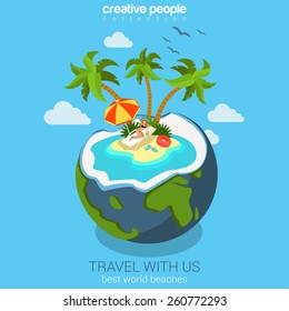 Travel tropic island beach in world globe coconut cocktail flat 3d web isometric infographic vacation concept vector template mockup. Sunbathing beauty woman on lounge. Creative tourism collection.