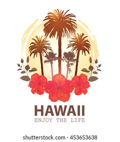 Travel Tropical Card Hawaii. Summer Vacation and Palm Tree Background. Print for T-shirt.