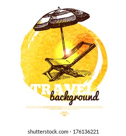 Travel tropical design banner. Hand drawn sketch and watercolor illustration