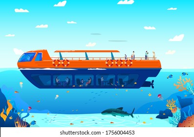 Travel in tropical sea on water transport poster vector illustration. Marine ship cruise, sailboat floating on ocean water with exotic fish sealife underwater submarine vacation cruise liner or yacht.