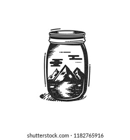 Travel T-Shirt Print. The mountains and river in jar design. Adventure silhouette printing, poster. Camping emblem, badge textured style. Typography hipster tee. Stock vector illustration.