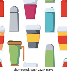 Travel tumbler and mug vector cartoon seamless pattern background for wallpaper, wrapping, packing, and backdrop.