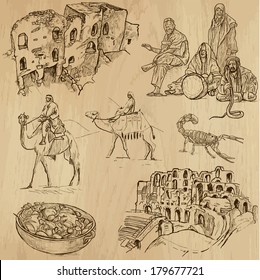 Travel : TUNISIA set no.2. Collection of hand drawn illustrations. Each drawing comprises two or three layers of outlines, the colored background is isolated.