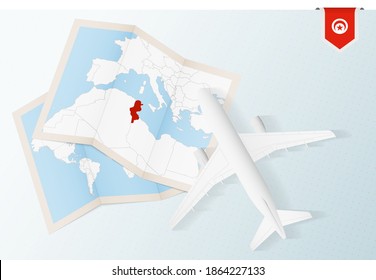 Travel to Tunisia, top view airplane with map and flag of Tunisia. Travel and tourism banner design.