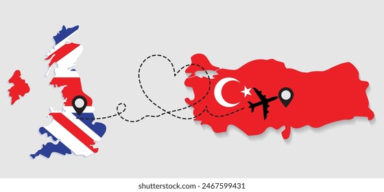 Travel to Turkey by airplane from Great Britain concept. I love Turkey vector illustration