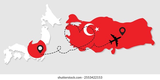 Travel to Turkey by airplane from Japan concept. I love Turkey vector illustration