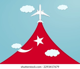 Viaje a Turquía en vuelo, concepto de destino, vacaciones en Turquía, diseño de vector de plano, efecto de corte de papel con cielo azul y avión, idea de viaje de verano, banner de turismo de país