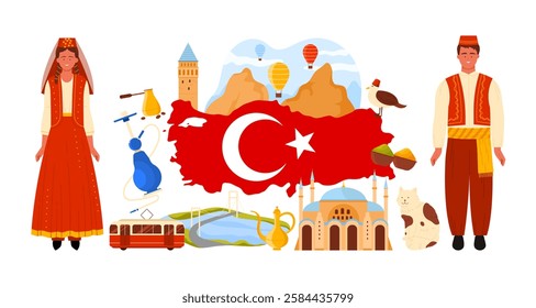 Travel to Turkey, culture elements and famous architecture for tourist tour in infographic collage. Turkish people, Cappadocia landscape with rocks and balloons, tram cartoon vector illustration
