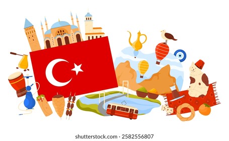 Travel to Turkey, culture and landmark, food in infographic collage. Turkish flag and mosque, Cappadocia rocks and balloons, carpet and cat in dervish hat, Bosphorus Bridge cartoon vector illustration