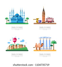 Travel To Turkey Design Elements. Istanbul Blue Mosque, Cappadocia, Galata Tower Vector Isolated Illustration.