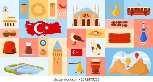 Travel to Turkey, geometric infographic banner design with Turkish culture, landmarks and food. Map with country flag, delight lokum and coffee cezve, Bosphorus bridge cartoon vector illustration