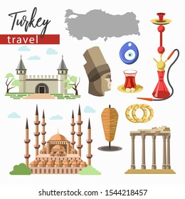Travel to Turkey, landmarks and cuisine, isolated cultural objects vector. Castle and mosque, statue and ancient pillars, meat on skewer and pastry. Tea and hookah, evil eye protection mascot