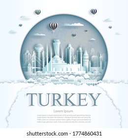 Travel Turkey monument with ancient and city modern building in circle background. Business tour for poster and postcard.Travel landmarks of europe ancient architecture cityscape. Vector illustration