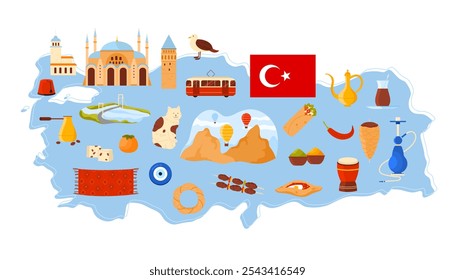 Viagem à Turquia set, elementos de cultura e pontos de referência, comida no mapa infográfico. Capadócia paisagem rochosa e chapéu dervish, Torre de Gálata e Ponte do Bósforo, Mesquita desenho animado vetor ilustração