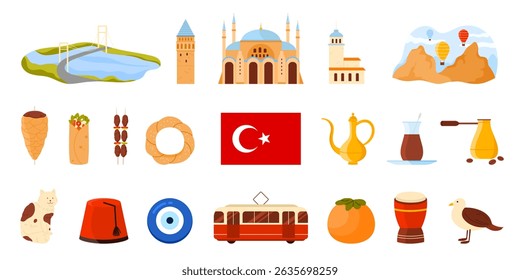 Travel to Turkey set, Turkish culture elements and food, flag, nature and architecture landmark. Galata Tower Museum and Blue Mosque, Bosphorus Bridge, Cappadocia landscape cartoon vector illustration