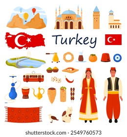 Viajar para a Turquia set. Povo turco e menu de comida de Istambul, mapa e bandeira do país, elementos culturais e famosos marcos históricos, rochas da Capadócia e doer kebab ilustração vetorial cartoon