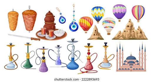 Travel to Turkey set vector illustration. Cartoon isolated Turkish mosque, landmarks and culture symbols, hot tea cup and pot, doner kebab on skewer for shawarma, air balloons of Cappadocia and hookah