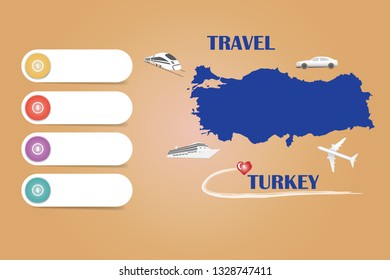 Travel Turkey template vector for travel agencies etc. Vector showing the plane, car, train and ship approaching the blind map of Turkey. Four blank labels are ready for your text.