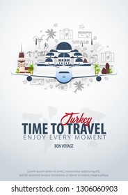 Travel to Turkey. Time to Travel. Banner with airplane and hand-draw doodles on the background. Vector Illustration