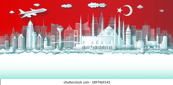 Travel Turkey top world famous city ancient and palace architecture. Tour moscow landmark of europe with Turkey flag background. Modern business brochure design for advertising, tour, travel.