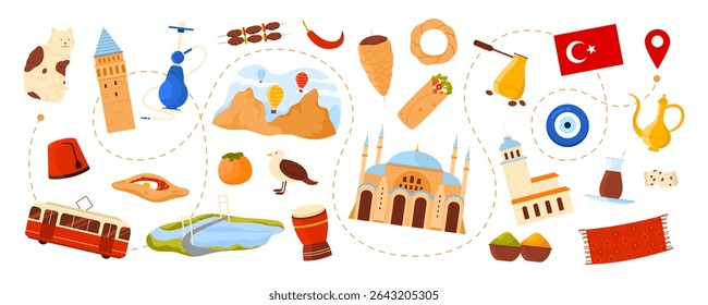 Travel to Turkey, Turkish culture elements and landmark, spicy food on tourist route to location. Galata Tower, Blue Mosque, Cappadocia with air balloons, Bosphorus Bridge cartoon vector illustration