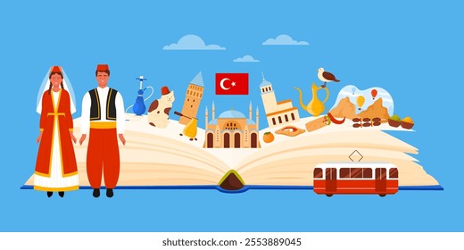 Travel to Turkey, Turkish people and culture elements, landmarks in infographic collage. Istanbul historical architecture and traditional food, hookah on open guide book cartoon vector illustration