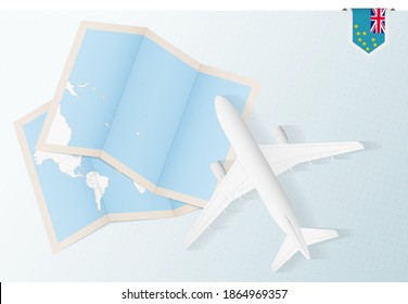 Travel to Tuvalu, top view airplane with map and flag of Tuvalu. Travel and tourism banner design.