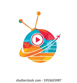Plantilla de diseño de logotipo vectorial de TV de viajes. Plantilla de concepto de diseño del logotipo del mundo de la filmación de viajes de aventura.