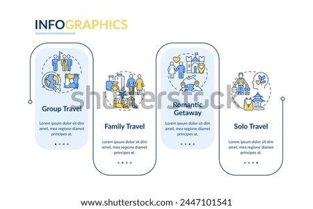 Travel types blue rectangle infographic template. Travel agency Data visualization with 4 steps. Editable timeline info chart. Workflow layout with line icons. Lato-Bold, Regular fonts used