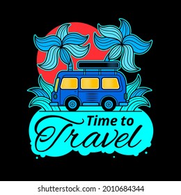 Travel typographic banner with inspirational quote It s time to travel , sun, sea waves, ocean on white background in blue colors. Vector hand drawn template with phrase for vacation design.